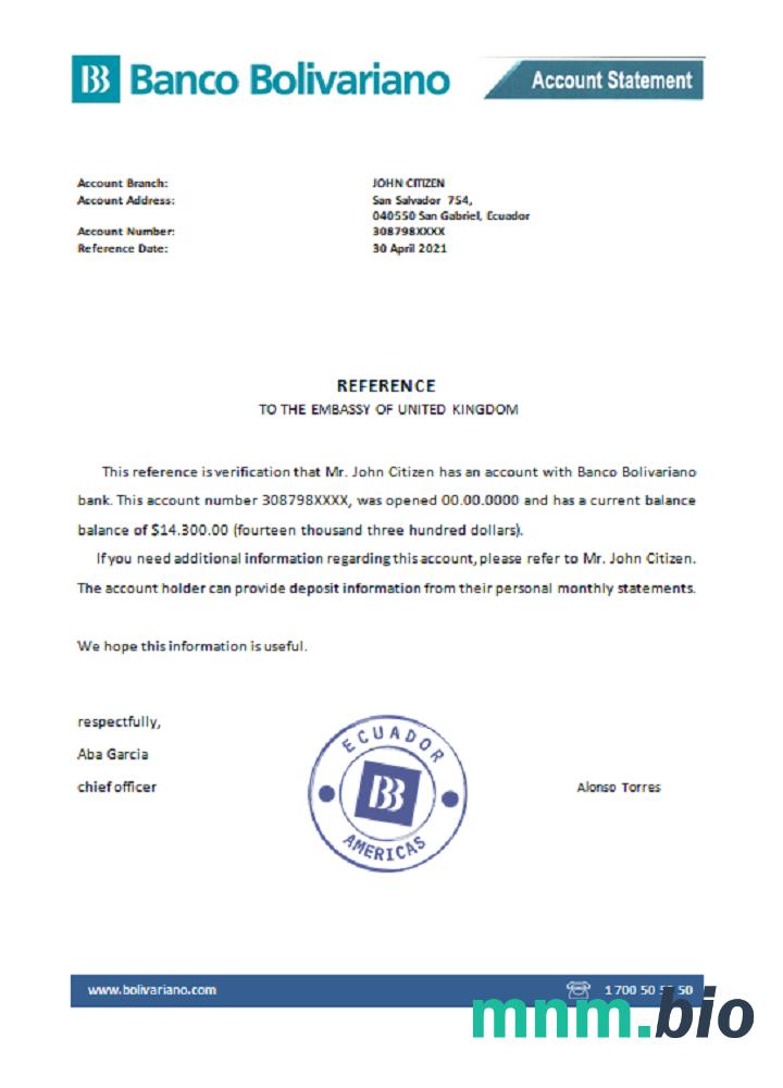 Przykład odniesienia banku Ekwador Banco Bolivariano w formatach Word i PDF